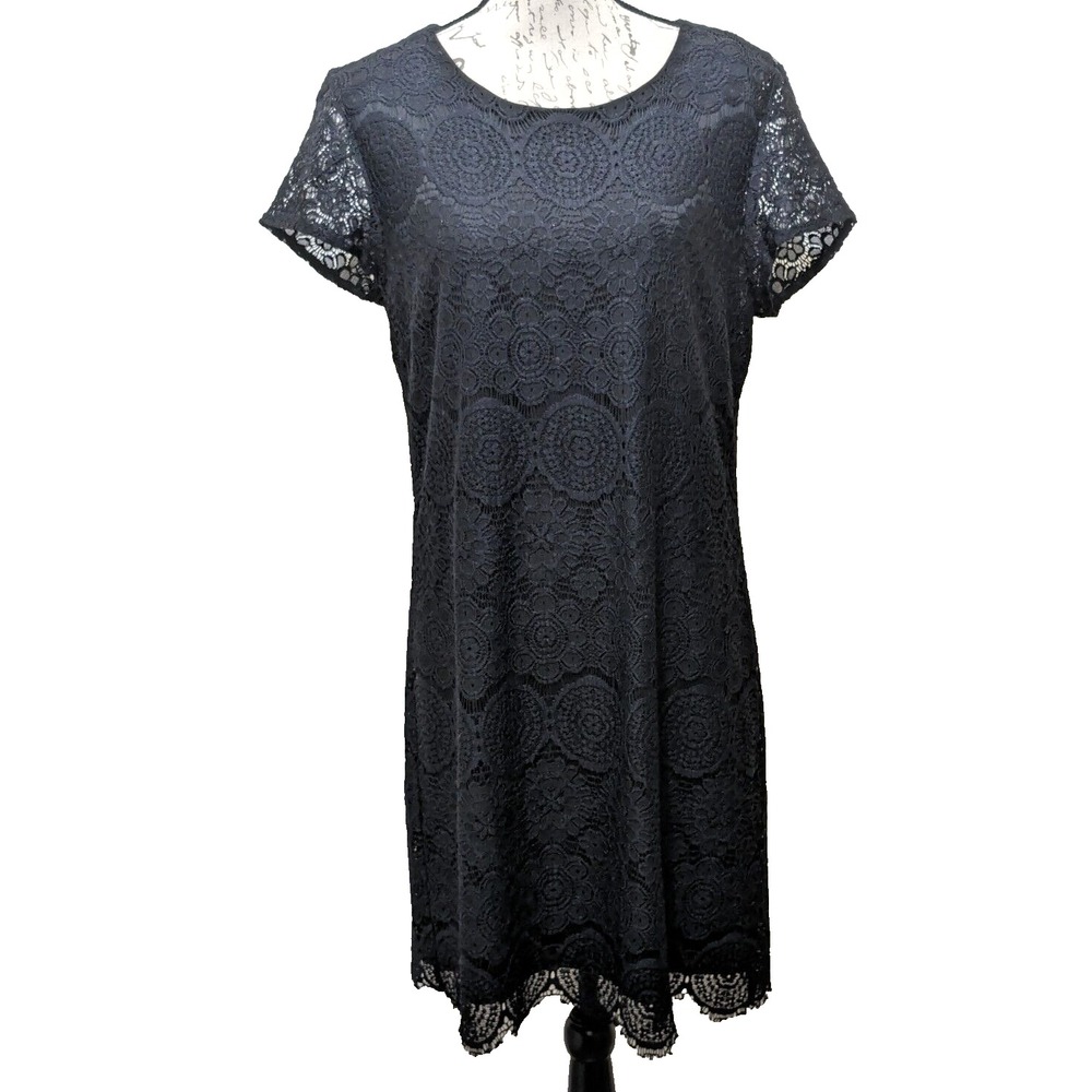 Laundry by Shelli Segal Dress 12 Black Lace Shift Wide Neck Cap Sleeves Cocktail